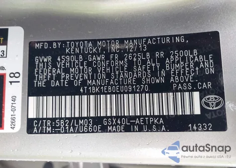 2014 Toyota Avalon Limited z USA, uszkodzony, nr VIN 4T1BK1EB0EU091270